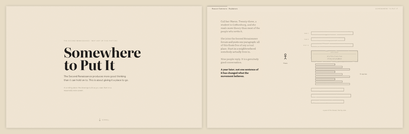 Left, the title screen that now opens Somewhere to Put It, with a scroll cue at the foot. Right, Maren's story stacked down the left of the drawing, four blocks in order with the live one bright.
