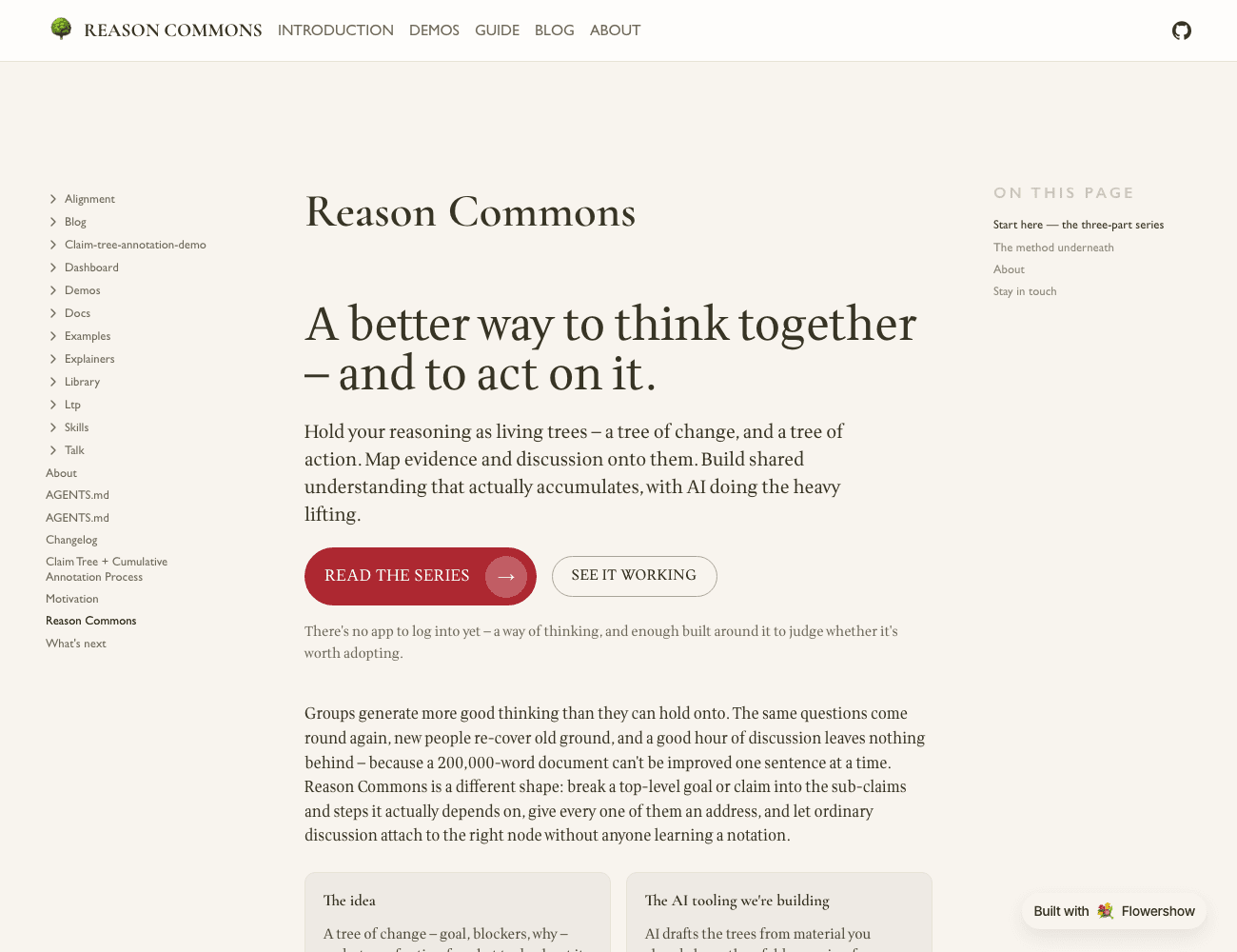 The redesigned landing page: a large heading "A better way to think together β and to act on it.", a one-line summary, a red "Read the series" button and an outline "See it working" button, then a row of cards β The idea, The AI tooling we're building.